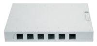 White 12-port surface mount box with six network cable ports arranged horizontally on front panel