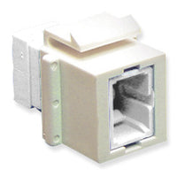 SC fiber keystone adapter module in white, showing jack opening and cable management slot for structured cabling
