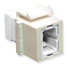 SC fiber keystone adapter module in white, showing jack opening and cable management slot for structured cabling