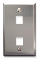 Stainless steel single gang wall plate with two rectangular port openings and mounting screws Main image