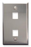 Stainless steel single gang wall plate with two rectangular port openings and mounting screws