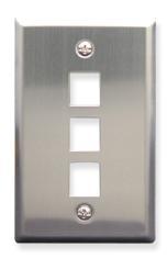Stainless steel single gang wall plate with three rectangular port openings for network cabling