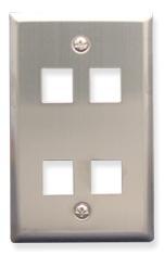 Stainless steel wall plate with four square port openings for network cabling and structured cabling installations