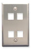 Stainless steel wall plate with four square port openings for network cabling and structured cabling installations
