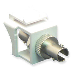 White ST fiber keystone adapter module with metal connector and mounting bracket for network cabling installations