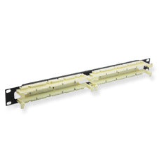 ICC 110 rackmount patch panel 100 pair Cat5e with black mounting bracket and yellow cable management arms Main image