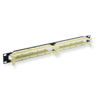ICC 110 rackmount patch panel 100 pair Cat5e with black mounting bracket and yellow cable management arms