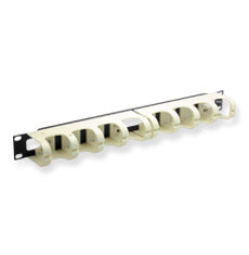 ICC 110 cable management panel with 1 RMS showing 8 white plastic cable clips mounted on black bracket