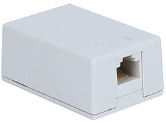 White surface mount jack with 8P8C Cat5e connector and protective cover for structured cabling installations Main image