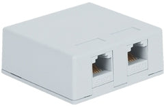White surface mount dual Cat5e jack with two RJ45 ports for structured cabling installations