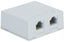 White surface mount dual Cat5e jack with two RJ45 ports for structured cabling installations