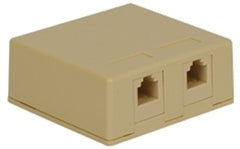 Ivory dual 6P6C RJ11 voice jack surface mount box with two phone line connectors