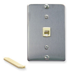 Stainless steel 1-port telephone wall plate with 6P6C connector and mounting hardware Main image