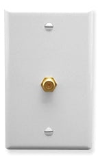 White single gang F-type integrated wall plate with one gold coaxial port and mounting screws