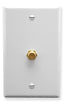 White single gang F-type integrated wall plate with one gold coaxial port and mounting screws