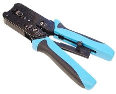 Blue and black RJ45 crimp tool with integrated strip and cut functions for 8P8C modular connectors