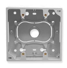 Double gang junction wall plate mounting box with gray finish, showing internal cavity and mounting points for network cabli…