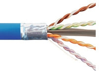 Cat6A 650 MHz 10Gig CMP shielded network cable with blue jacket showing twisted pair conductors and shielding