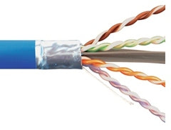 Cat6A 650 MHz 10Gig CMP shielded network cable with blue jacket showing twisted pair conductors and shielding