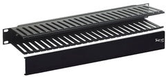 Black horizontal 24-slot finger duct cable management rack accessory with removable drawer for organized network cabling