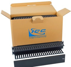 ICC horizontal finger duct panel 6-pack with black cable management strips displayed in cardboard shipping box Main image