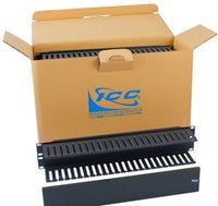 ICC horizontal finger duct panel 6-pack with black cable management strips displayed in cardboard shipping box
