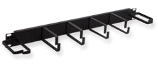 Black metal 5-ring cable management panel with mounting brackets for 1U rack mount installation