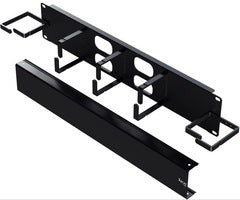 Black metal 5-ring cable management panel with 2 RU mounting bracket and horizontal cable organizer for server racks