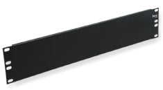 Black 2RU equipment rack blank panel with mounting holes for server rack installations