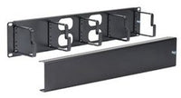 ICC 5 metal ring cable management system with cover for 2 RMS rack mount applications, showing organized cable routing and b…
