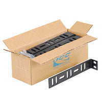 25-pack of black ICC cable management L brackets displayed in open cardboard box with individual bracket visible