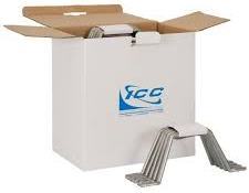 ICC Metal D-Ring 100 Pack in white box with silver D-ring cable management hardware displayed