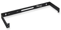 Black hinged wall mount bracket for 1U rack mount equipment with mounting holes and steel construction