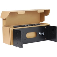 ICC wall mount hinged bracket 2-pack for 4U rack mount hardware, shown with cardboard packaging and black metal mounting com…