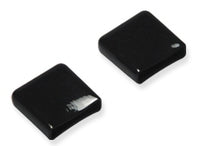 Pair of black square runway end caps for structured cabling rack systems