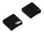 Pair of black square runway end caps for structured cabling rack systems