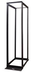 Black 4 post network equipment rack, 7 feet tall, with open frame design for server and networking hardware installation