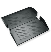 Black vented double-wide rack shelf with perforated ventilation design for 20-inch server rack cabinets