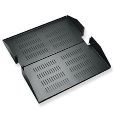 Black vented double-wide rack shelf with perforated ventilation design for 20-inch server rack cabinets