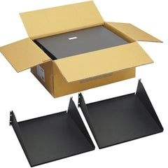 ICC deep rack shelf 2-pack with black metal trays displayed next to open cardboard shipping box