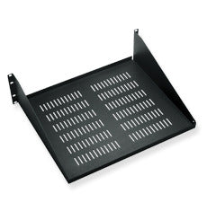 Black vented rack shelf with 15-inch depth and three rack unit height, featuring perforated ventilation pattern and side mou…