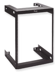 Black ICC wall mount rack frame with 15 RU capacity, open-frame design showing vertical rails and horizontal mounting bracke…