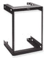 Black ICC wall mount rack frame with 15 RU capacity, open-frame design showing vertical rails and horizontal mounting bracke…