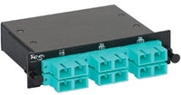 ICC 12 Port SC Fiber Optic MPO Plug and Play Cassette with turquoise connectors in black rack mount housing