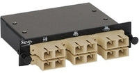 ICC 12 Fiber Duplex SC Fiber Optic MPO Cassette with tan-colored SC connectors mounted on black chassis for multimode 62.5 f…