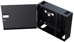 ICC 4 Panel wall mount fiber optic enclosure with open door showing internal cable management brackets and mounting hardware Main image