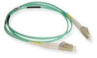 Green LC-LC duplex multimode fiber patch cable with beige connectors, 10 meter length for network cabling