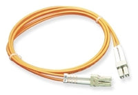 LC-LC duplex multimode fiber patch cable with orange jacket and silver connectors, 10 meter length