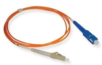 LC-SC simplex multimode fiber patch cable with orange jacket and blue SC connector on white background