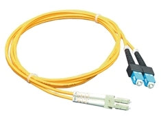 Yellow LC-SC duplex single mode fiber patch cable with blue connectors, 1 meter length for network cabling